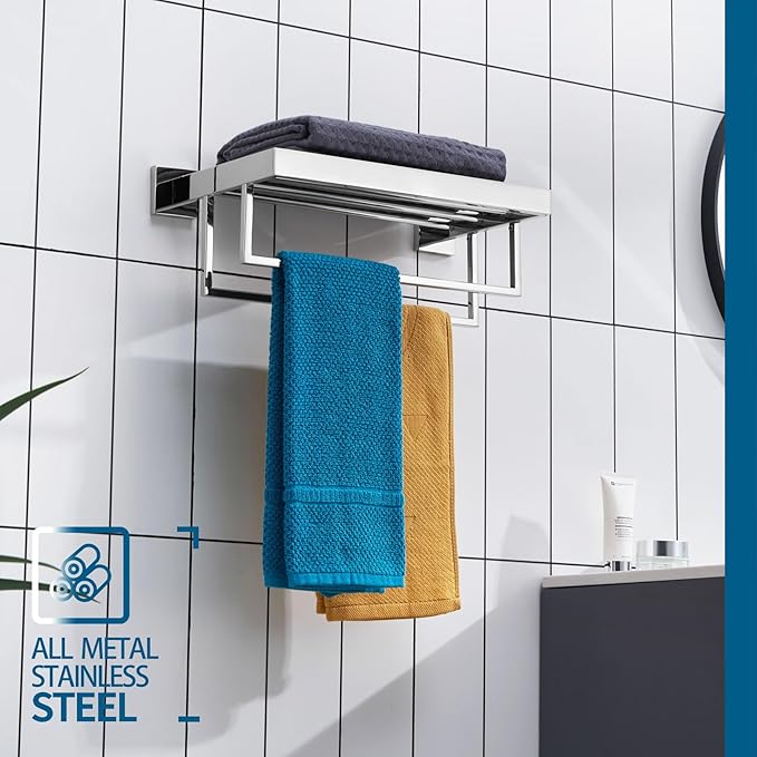 KOKOSIRI Bathroom Towel Shelf 16'' Chrome Towel Rack with Two Bath Towel Bars SUS304 Stainless Steel Wall Mounted, Polished Finish B6003CH-L16