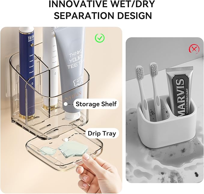 Toothbrush Holders for Bathrooms, 3 Slots Detachable Toothbrush Holder Wall Mounted with Divider, Removable Electric Tooth Brush and Toothpaste Holder Organizer for Bathroom Countertop/Kitchen/Office