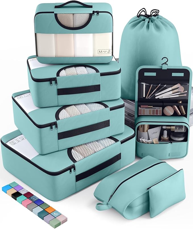 Veken 8 Set Packing Cubes for Travel Essentials, Suitcase Organizer Bags in 4 Sizes, Carry-On Luggage Accessories with Large Laundry & Hanging Toiletry Bag, Must-Have for Airplane, Road Trip & Camping