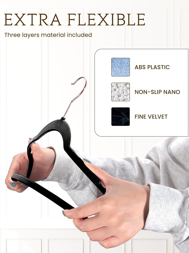 Smartor Velvet Hangers 50 Pack, Black Felt Hangers Non Slip with Rose Gold Hook, Premium Clothes Heavy Duty Velvet Hanger for Adult Coat, Suit, Short, Dress - Black