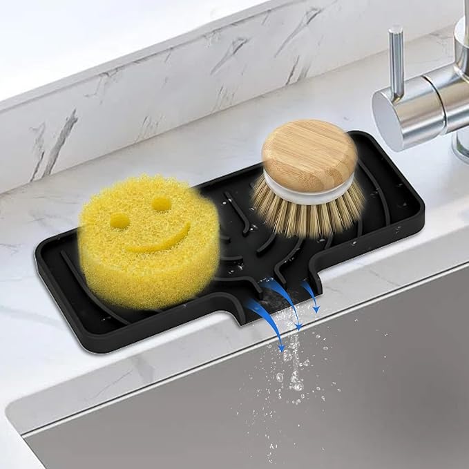 Silicone Sponge Holder for Kitchen Sink With Drain Spout, Self Draining, Kitchen Soap Tray, Bathroom Organizer, Sink Caddy, Perfect for Dispenser, Scrubber, Bottle, Cup on Counter (Black, 10×4)