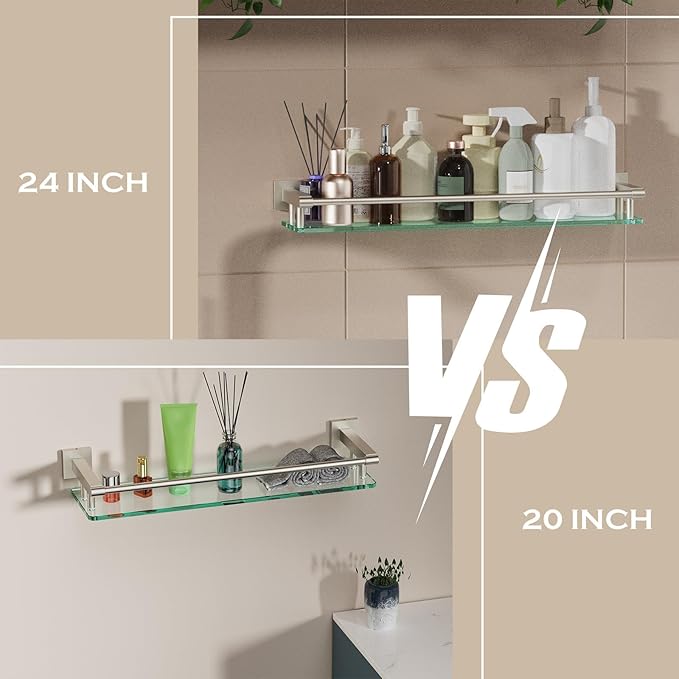 SFGSOWOR Glass Shelf for Bathroom Wall Sheves 24 inch Rectangular Stainless Steel Tempered Glass Modern Stainless Steel Wall Mount Accessories Organizers Storage (Brushed Nickel, 24‘’)