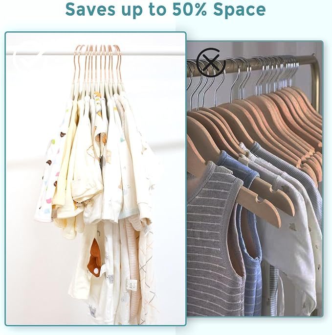 50-Pack 11 Inch Baby Closet Hangers with 10 Clips - Soft Velvet Non-Slip Hangers for Infant & Toddler Clothes (Beige)