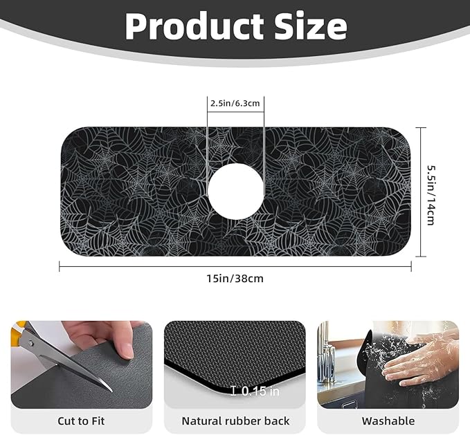 Halloween Black Spider Web Kitchen Sink Splash Guard Faucet Mat Super Absorbent Fast Drying Mat Sink Gadgets-Fast Drying Pad Sink Mat For Kitchen Bathroom (15" X 5.5" )