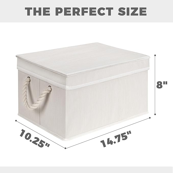 Set of 3 Fabric Bins for Organization - Foldable & Stackable With Lid & Rope Handles - Collapsible Fabric Storage Cubes Lightweight & Sturdy Bottom, Space Saving Collapsible Bin, Ivory