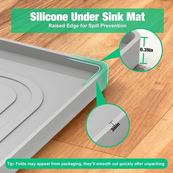 Aisslro Under Sink Mat 22" X 19", Waterproof Silicone Cabinet Organizer Protector with Raised Edge, Kitchen & Bathroom Leak Tray, Shelf Liner & Pet Feeding Mat for Dog Cat Food Mats, Light Gray
