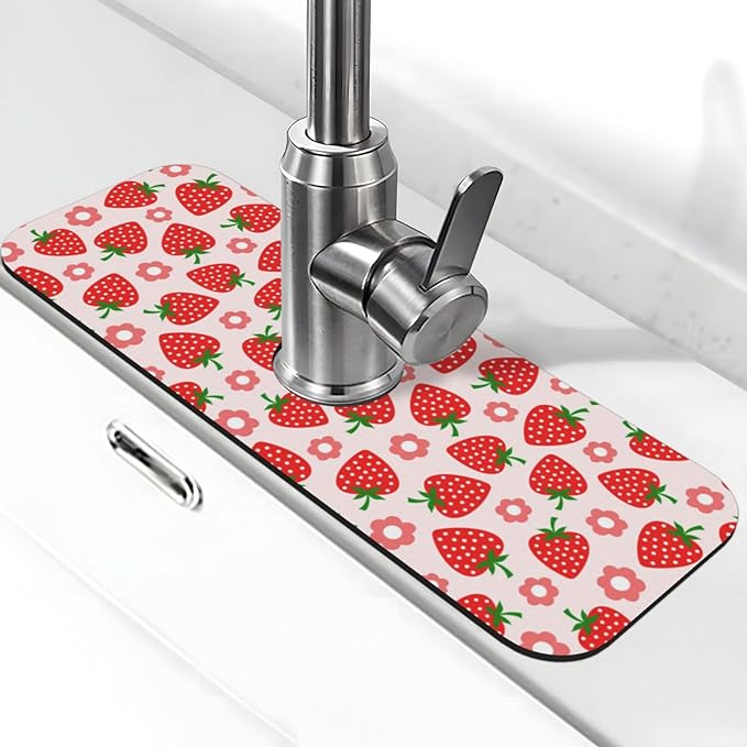 Faucet Draining Mat For Kitchen Sink, Pink Strawberry Diatom Mud Absorbent Drain Pad For Bathroom Kitchen Sink Splash Guard Drying Mat