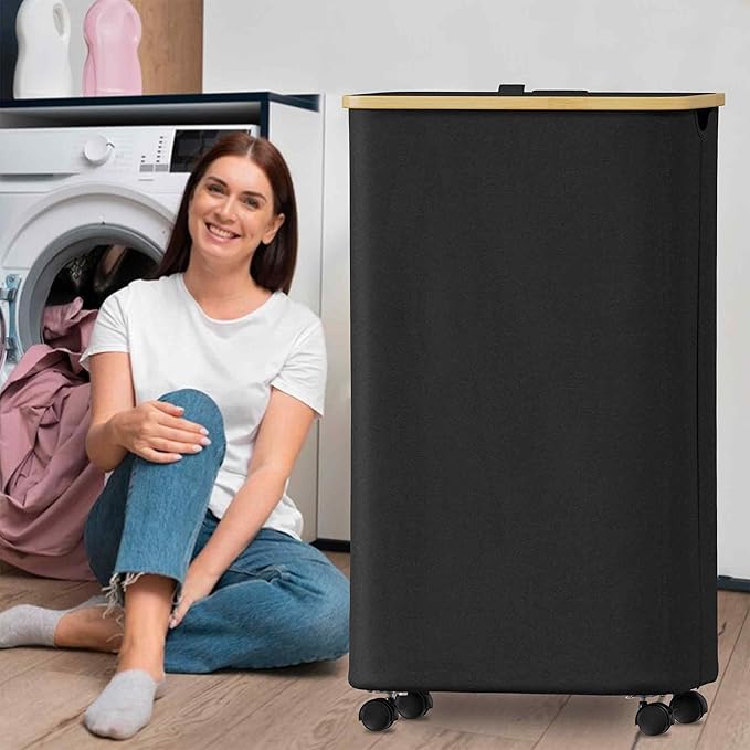 SUOCO Laundry Hamper on Wheels 100L, Clothes Basket with Lid and Bamboo Handles, Foldable Laundry Hamper for Bedroom, Bathroom, Dorm, Laundry Room - Black