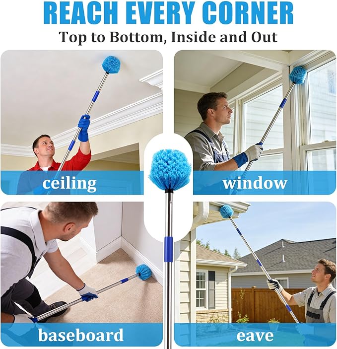 COCONUT Cobweb Duster with Pole,4-feet Ceiling Fan Duster Medium Stiff Bristles for Indoor Outdoor Garage