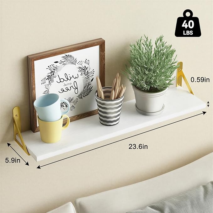 YGEOMER 23.6 Inch Floating Shelves for Wall, Farmhouse Wall Shelves for Bedroom, Bathroom Storage, Living Room and Kitchen Decor (Set of 6 White)