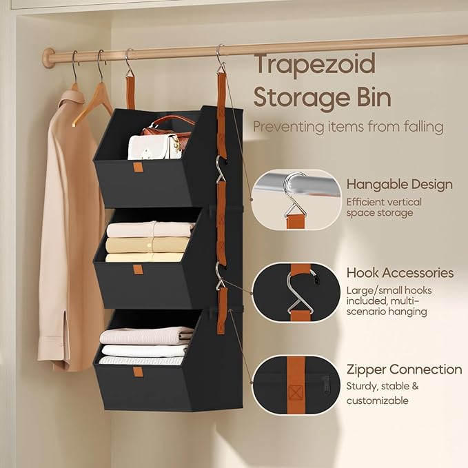 Collapsible Hanging Closet Organizer - 3 Tier Closet Shelves Storage System with Hooks, Fabric Hanging Storage Bins for Clothes, Foldable Storage Basket for Laundry, Bedroom, Rv, Black