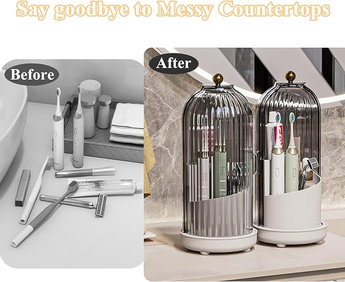Zufudo Toothbrush Holders with Cover, Drainage Rotating Electric Toothbrush Organizer, 3 Slots Tooth Brush Holder for Bathroom Counter, Grey White