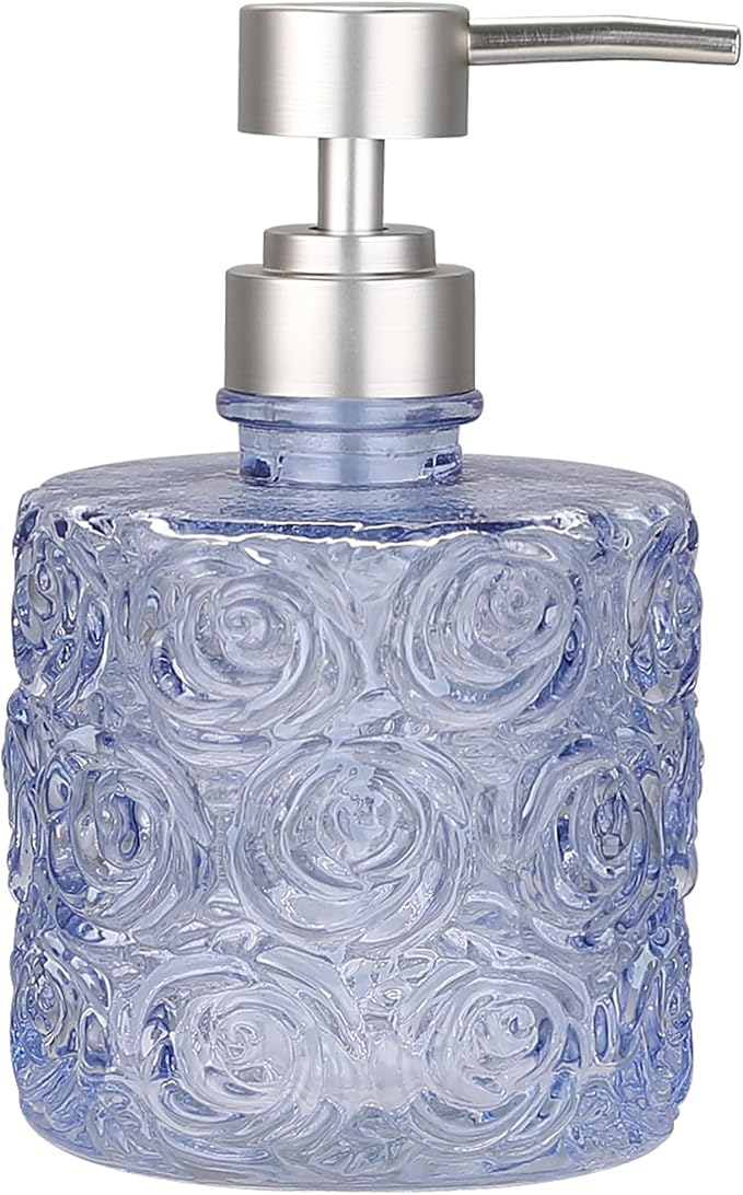 Marcella Glass Soap Dispenser with Soap Pump, Refillable 14 Ounce Capacity, Floral Design Rose Patterns, Heavy Weight Thick Glass for Bathroom, Premium Kitchen Soap Dispenser Cornflower Blue