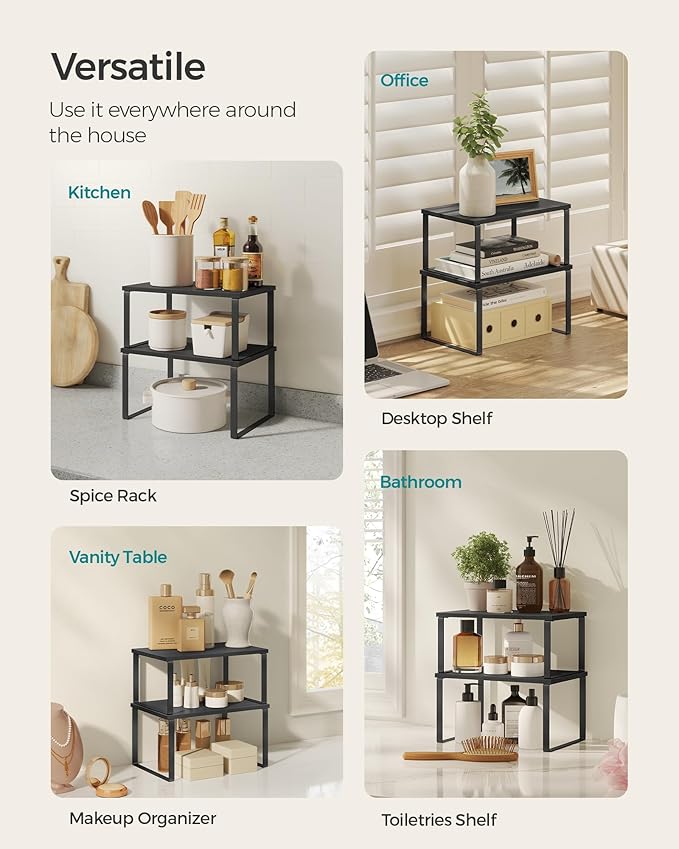 SONGMICS Cabinet Organizer Shelf, Set of 2 Kitchen Counter Shelves, Kitchen Storage, Spice Rack, Stackable, Expandable, Metal and Engineered Wood, Ink Black and Charcoal Black UKCS02B01 (Pack of 2)
