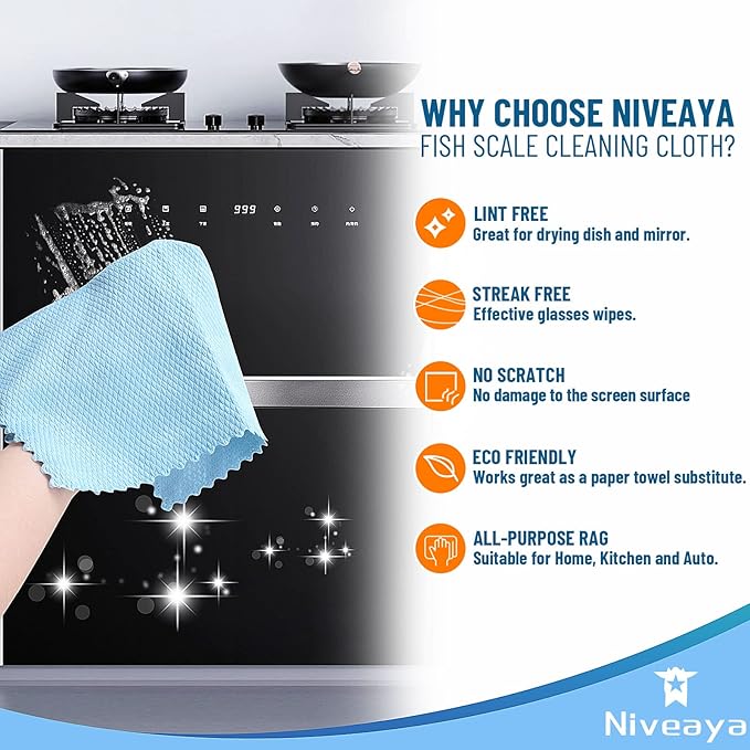 Niveaya Nano Streak Free Miracle Cleaning Cloths - 12 Pack, Reusable Nanoscale Fish Scale Cleaning Cloth, Lint Free Cleaning Cloth for Glass, Dishes, Mirrors, Stainless Steel Appliances, Etc