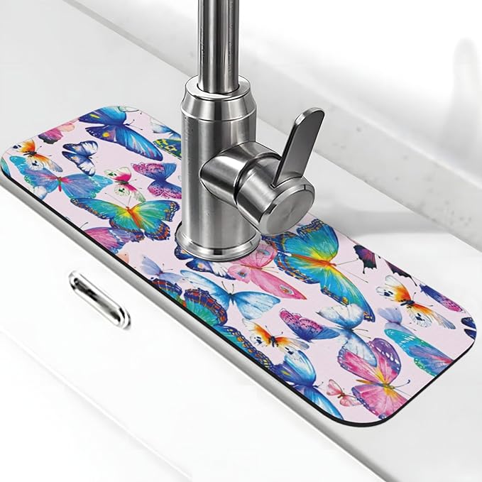 Faucet Draining Mat For Kitchen Sink, Colorful Butterflies Diatom Mud Absorbent Drain Pad For Bathroom Kitchen Sink Splash Guard Drying Mat