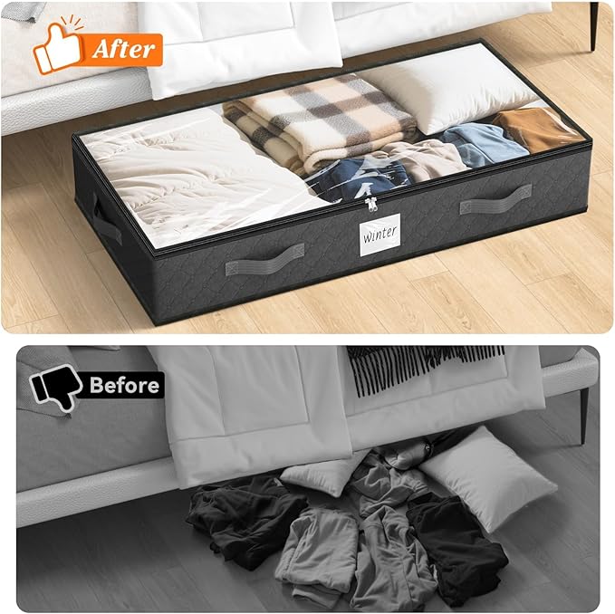 SpaceWhisper 90L Under Bed Storage Containers, 4-Pack Storage Bins with Clear Top, Foldable Closet Organizers and Storage with Label Holder for Clothing, Blankets, Comforter & Pillows (Grey)