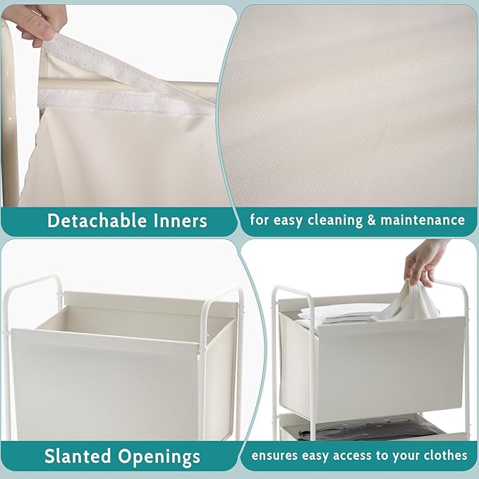 125L Vertical Laundry Hamper with Wheels, 3 Section Large Rolling Laundry Sorter with Detachable Inners, Metal Clothes Hamper Laundry Baskets Organizer for Bathroom, Bedroom, Dorm (Beige)