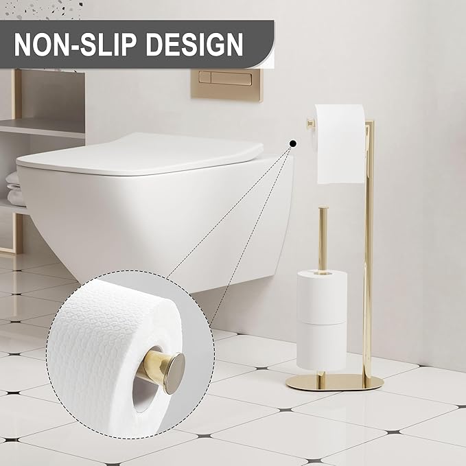KLDKLD Gold Freestanding Toilet Paper Holder with Reserve for Bathroom with Weighted Base, Modern Tissue Roll Holder Stand