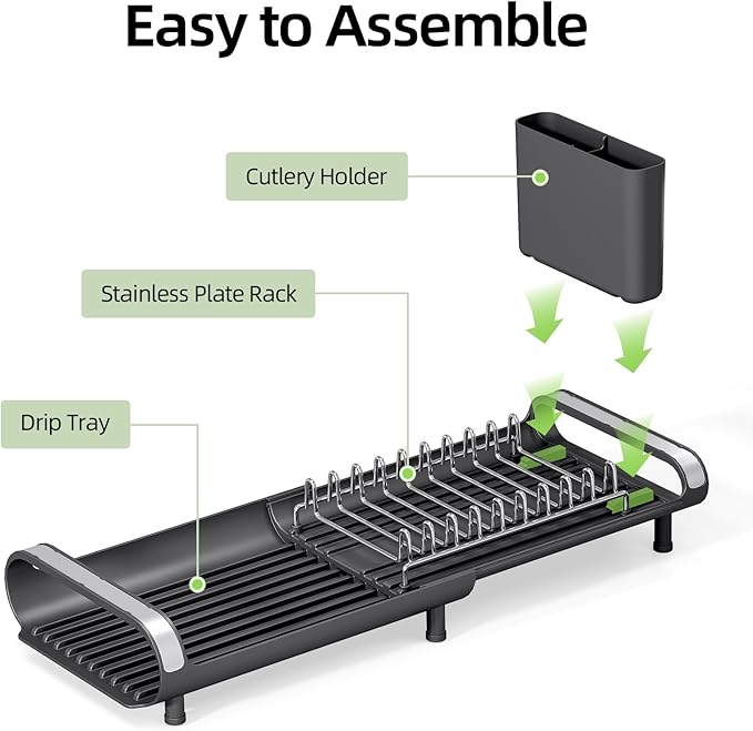 Small Dish Drying Rack, Mini Expandable Compact Dish Rack, Slim Extendable Stainless Steel Dish Drainer for Kitchen Plate Storage, Space Saving Dish Strainer in Sink or on Home Countertop, Matte Black