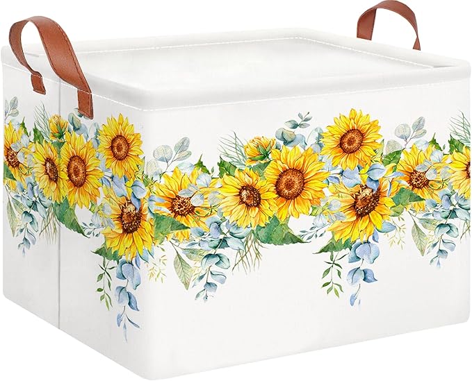 CLOCOR Rectangular Storage Basket Empty,Gift Basket,Waterproof Storage Bin with Handles,Room Decor(Sunflower Rope)