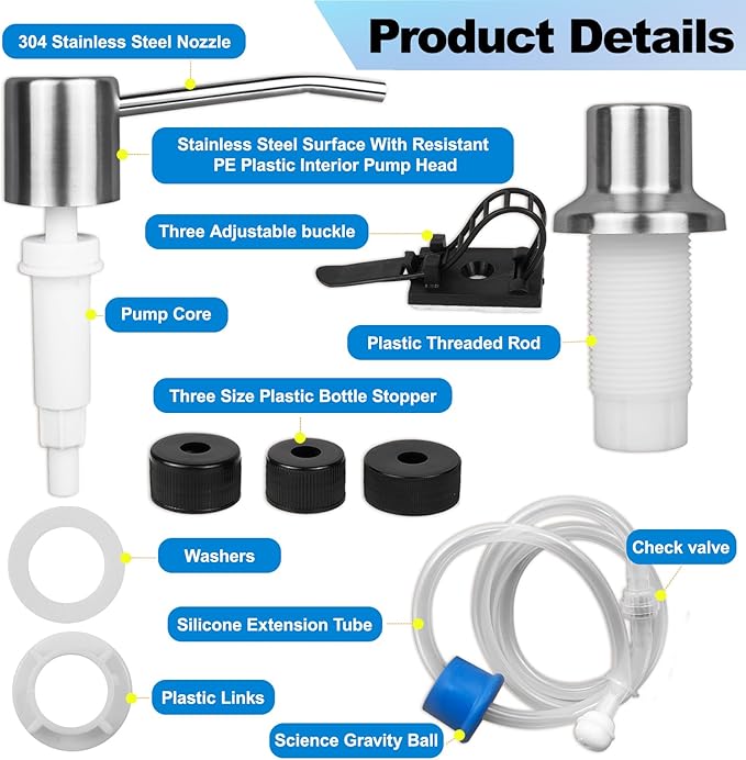 2-Pack Stainless Steel Soap Dispenser for Kitchen Sink, Built-in Kitchen soap Dispenser Kit with 47" Extension Tube, Check Valve,Multiple Sealing Plugs, No More Frequent Refills