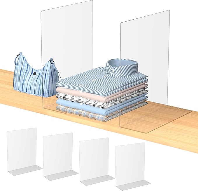OKPOW Acrylic Shelf Dividers for Closet Organization: 4 Pack Durable Clear Shelves Separators for Clothing Adjustable 12" Tall x 10" Deep