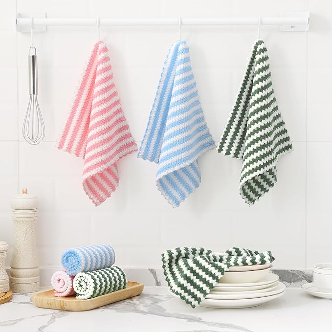 Homaxy 18 Pack Kitchen Dish Cloths, Ultra Soft and Absorbent Dish Towels, Reusable Fast Drying Microfiber Cleaning Cloth, Coral Velvet Wave Design No-lint, 10 x 10 inches, Blue/Pink/Grass Green