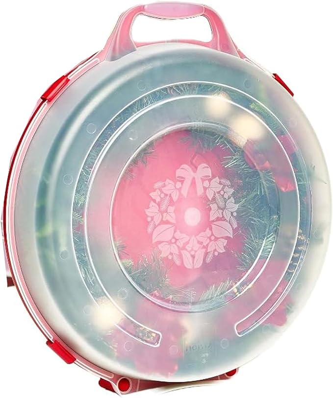 HOMZ 3-Pack 24 Inch Seasonal Holiday Clear Plastic Wreath Storage Containers, Red – Stackable Decoration Organizer Bins with Lids and Handles for Christmas Wreaths and Garlands