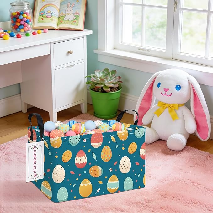 QUEENLALA Rectangular Laundry Hamper/Foldable Nursery Laundry Basket for Organizing/Storage Bin Baskets/Children Toy Office Bedroom/Toy Bin Closet Shelf Baskets (Rec-Blue Easter eggs)