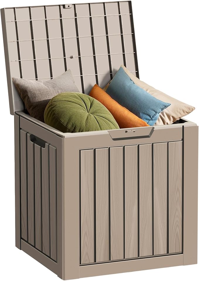 Outdoor Storage Box Waterproof, 35 Gallon Lockable Resin Deck Box Small, Patio Storage Bin for Pool Accessories Cushion Furniture, Garden Tools, UV-Resistant Outside Delivery Grey