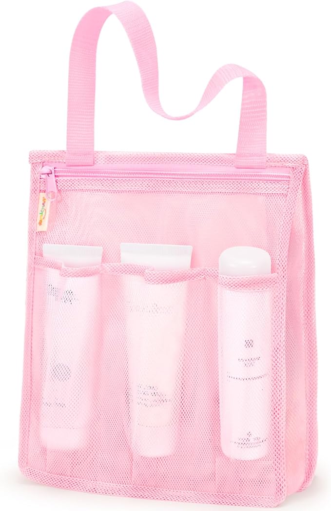 famichan Mesh Shower Caddy Portable, Gym Travel Camp Dorm Room Essentials for Women and College Girl, Pink Bathroom Shower Bag