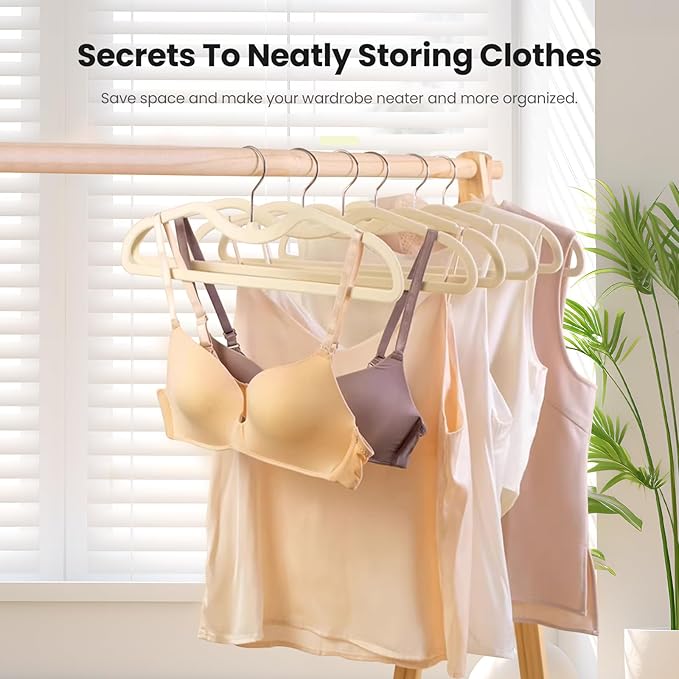Jiang&Rong 50 Pack Velvet Short Neck Hangers, Non-Slip Felt Hangers, with 360° Swivel Hook, Space Saving Design for Sweaters, Coats, Shirts (Beige)