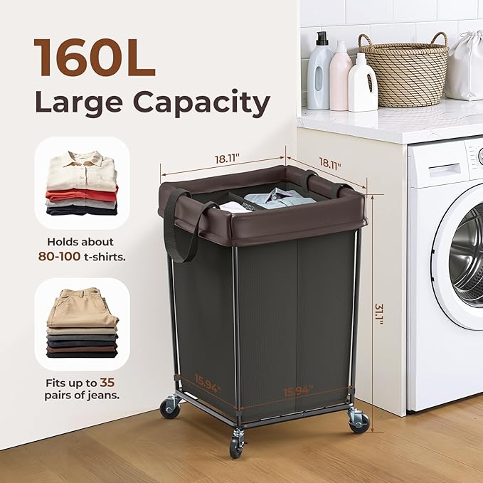 160L Laundry Hamper with Wheels, 2 Section Large Rolling Laundry Basket Bag with Wheels, Clothes Hamper Cart for Laundry, Bedroom, Bathroom and Dorm