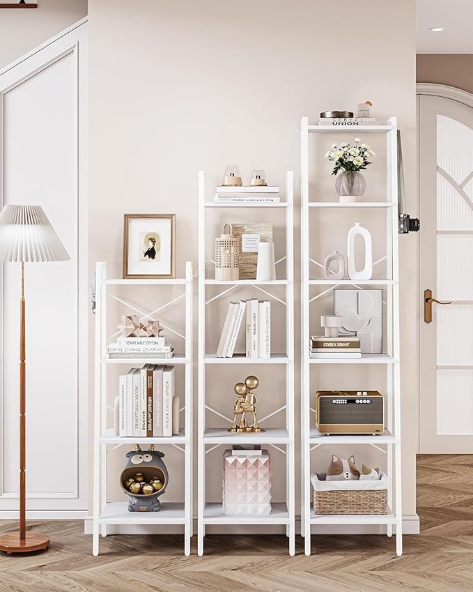 Ladder Shelf, Bookshelf Bookcase, Freestanding Corner Storage Shelve with 2 Hooks for Home Office, Living Room, Kitchen, Bedroom, Industrial, 5-Tier White BC03213W