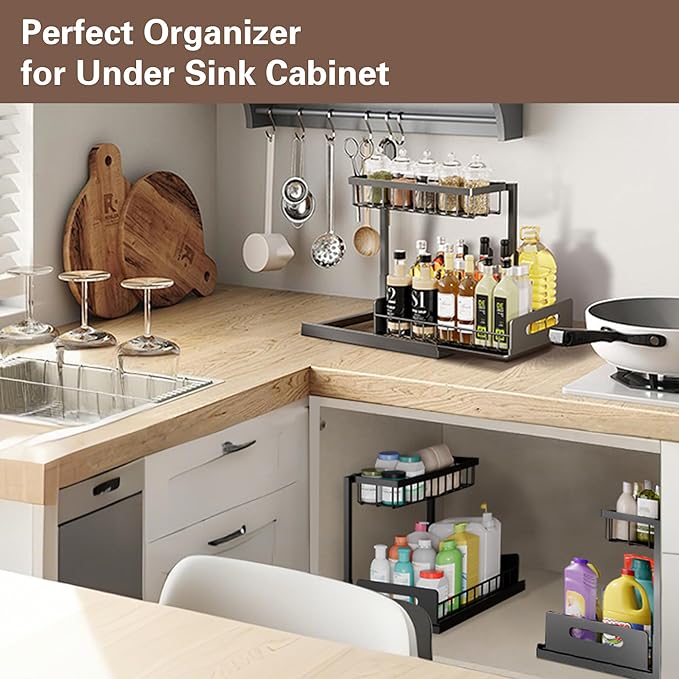 VUSIGN Under the Sink Organizer, 2-Tier Pull Out Cabinet Organizer, Metal Slide Out Storage for Bathroom Kitchen, 1 Pack, Black