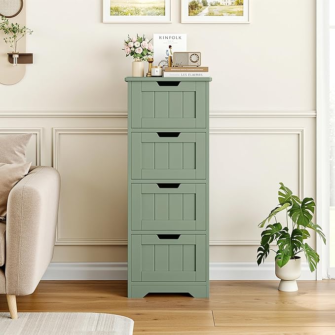 FOTOSOK Bathroom Storage Cabinet Set of 2, Bathroom Cabinet with 4 Drawers, 11.8” x 11.8” x 32.5” Freestanding Entryway Cupboard Storage Organizer Unit Home Furniture Decor, Green
