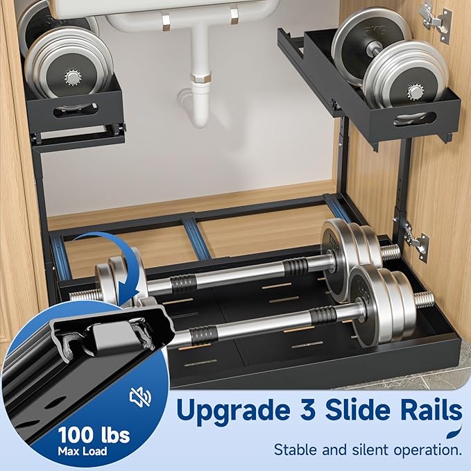 Insputer Upgrade 2 Tier Under Sink Organizer with 3 Slide Rails, Under Cabinet Storage Expandable 15"-25" W & Height Adjustable, Thickened Pull Out Shelf for Bathroom, Kitchen, Laundry, Pantry(Black)