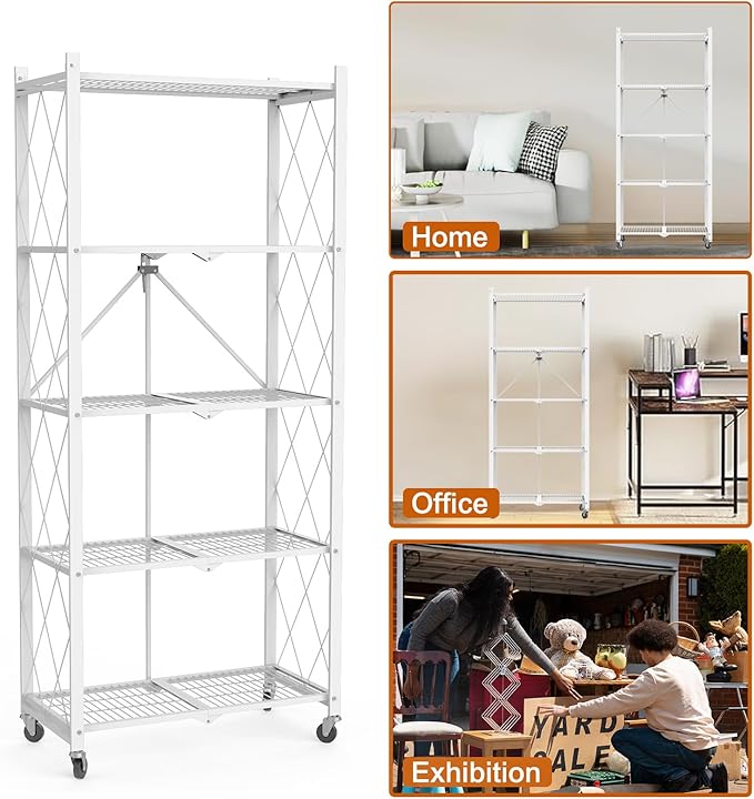 5 Tier Foldable Metal Storage Shelf with Wheels, 500 LBS Heavy Duty Collapsible Wire Shelving Unit, Rolling Utility Rack Cube Bookshelf for Kitchen Pantry Office Garage, 64" x 13" x 27" White