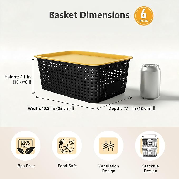 AREYZIN Plastic Storage Bins with Lid,Stackable Storage Bins and Storage Baskets for Shelves,Small Baskets for Organizing, Small Storage Bins,10.2x7.2x4.1 Inch,6-Pack, Black