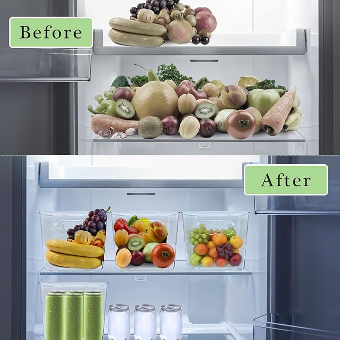 4 Pack Clear Plastic Storage Bins with Handles, Stackable Pantry Fridge Cabinet Under Sink Organizers and Storage, Multi-use Large Home Kitchen Bathroom Organization for Shelf Closet Drawer