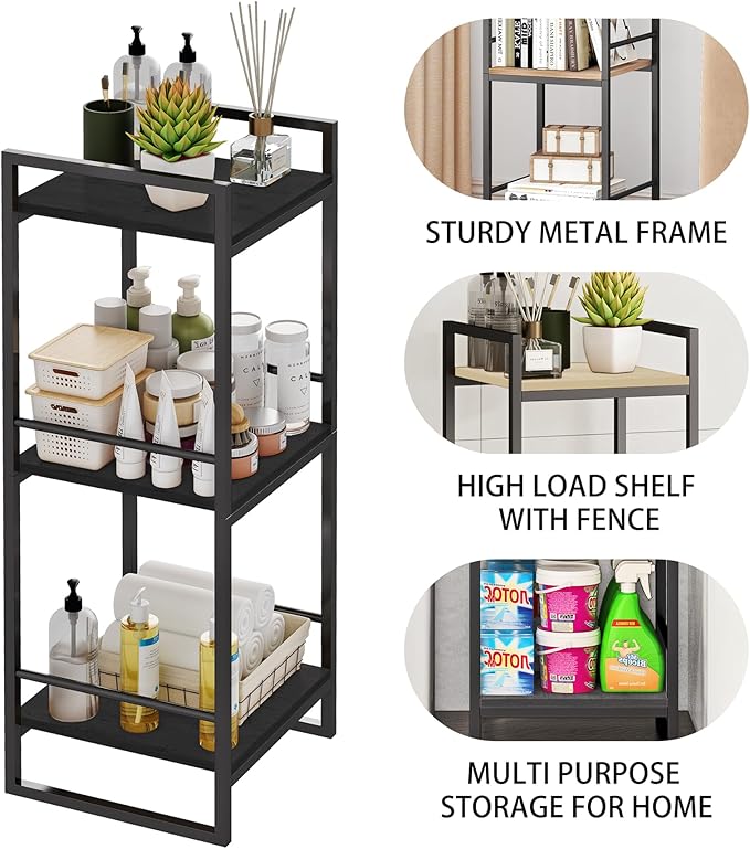 BYFU 3 Tier Bathroom Storage Open Shelf, Freestanding Metal Corner Storage Rack Shelving Unit for Bathroom Kitchen Living Room Hallway, Black