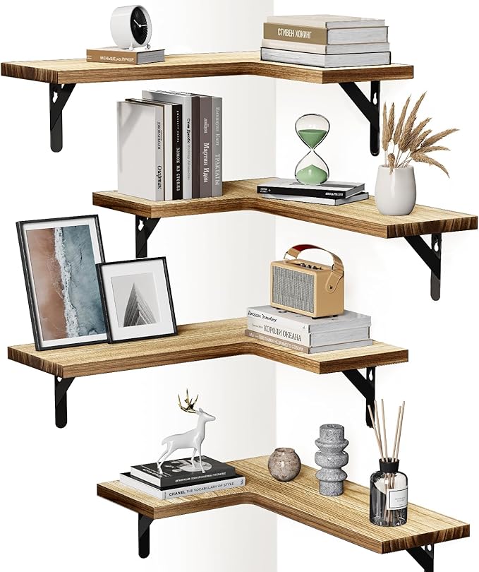 AMADA HOMEFURNISHING Corner Floating Shelves, Set of 4 Corner Shelf Wall Mounted, Shelves for Wall Decor, Corner Wood Shelf for Home Decor, Office, Bedroom, Bathroom, Laundry Room, Kitchen