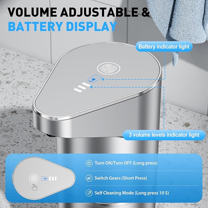 Automatic Soap Dispenser,Touchless Hand Wall Mount Rechargeable 3 Gear Adjustable Electric Soap Dispenser 350ml with Infrared Motion Sensor for Bathroom,Kitchen,Office, Silvery Gel