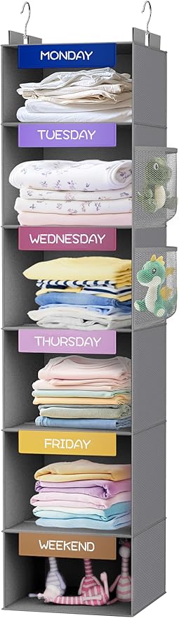 VERONLY Weekly Hanging Closet Organizer for Kids, 6-Shelf Clothes Storage with Labeled Days of The Week Monday Through Friday, Weekday and Weekend, Days of The Week Clothes Organizer