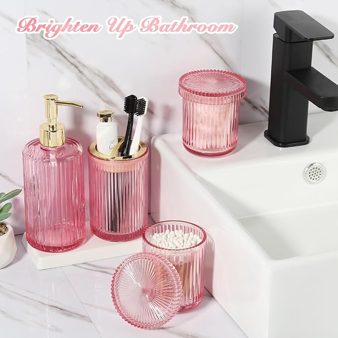 Pink Bathroom Accessories Set, Pink Bathroom Decor Accessory Sets Complete, 4 Pack Ribbed Grils Soap Dispenser and Toothbrush Holder Set with 2 Qtip Holders, Girly Bath Counter Essentials