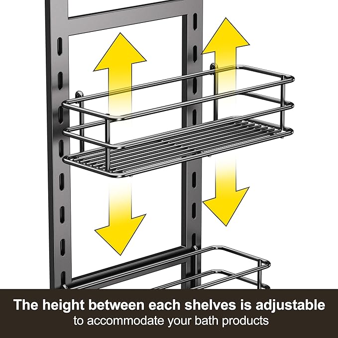 Orimade Adjustable Anti-slip Shower Caddy over Shower Head, Rustproof Bathroom Hanging Shower Organizer with 2 Hooks for Razor, No Drilling Shelves Storage Rack 2 Tier, Grey