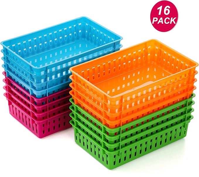 DEAYOU 16 Pack Classroom Storage Baskets Bins, Small Plastic Organizer Basket, Colorful Storage Trays, Crayon Pencil Containers for Paper, Desk, Shelf, Home School Office, 10.2" L x 6.5" W x 2.4" H