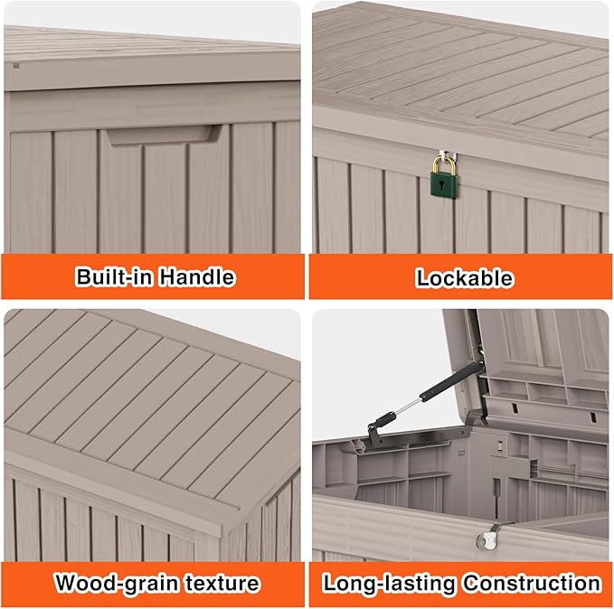Outdoor Storage Box 180 Gallon Waterproof, Large Lockable Resin Deck Box Patio Storage Bin for Pool Accessories Cushion Furniture, Garden Tools, UV-Resistant Outside Delivery, Grey