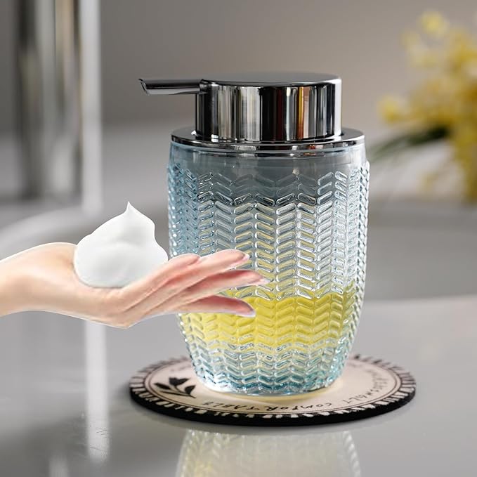 Glass Foaming Hand Soap or Lotion Dispenser, Refillable Liquid Soap Dispenser with Large Silver Pump(Barrel Pattern-Blue)